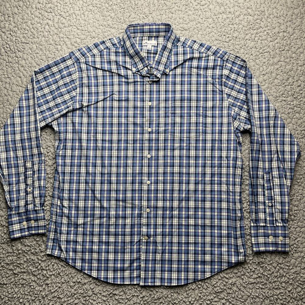 Peter Millar Button Down Shirt Mens XL Blue Check Plaid Long Sleeve Performance